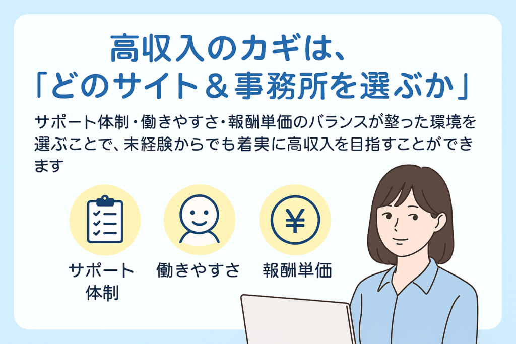高収入のカギは、「どのサイト＆事務所を選ぶか」 サポート体制・働きやすさ・報酬単価のバランスが整った環境を選ぶことで、 未経験からでも着実に高収入を目指すことができます。