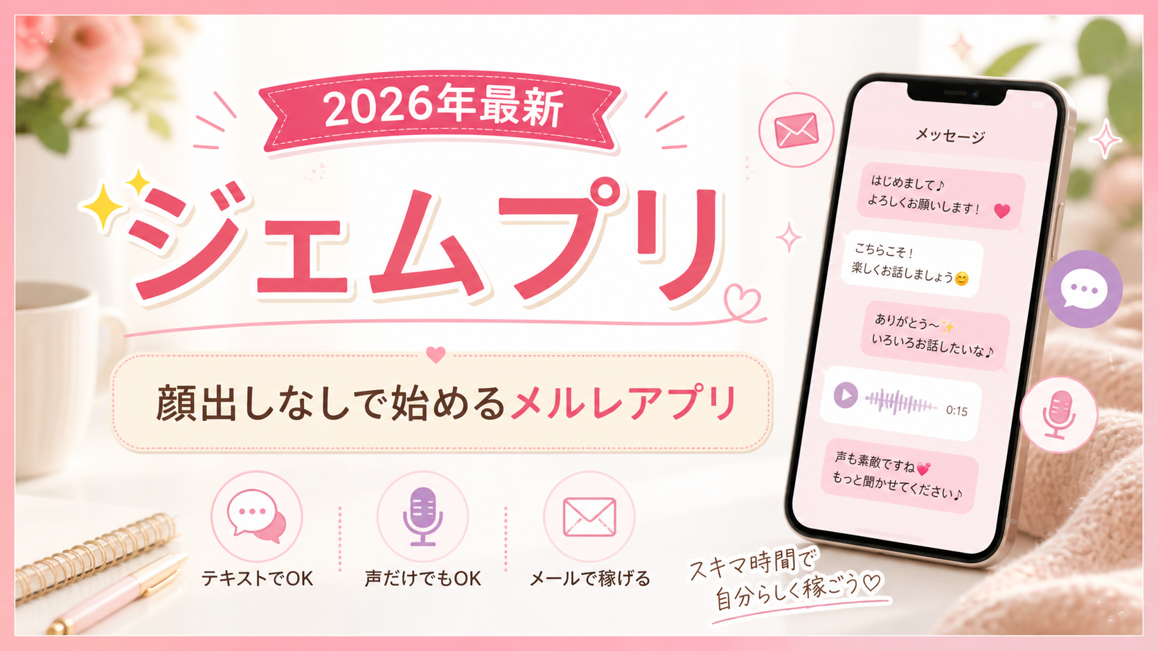 ジェムプリは顔出しなしでメールや文字から始められるメルレアプリとして紹介する副業イズムの解説画像